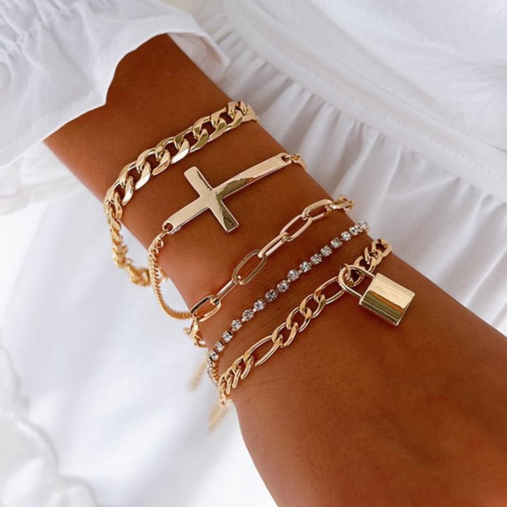 5 Piece Cross‎ and Paperclip Chain Bracelet Set
